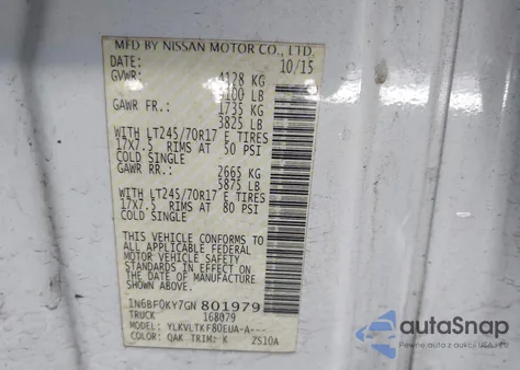 2016 Nissan Nv Cargo Nv2500 Hd Sv V6 z USA, uszkodzony, nr VIN 1N6BF0KY7GN801979